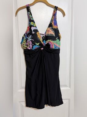 Mazu Black Swimdress with Colorful Paisley Print Bust 20w